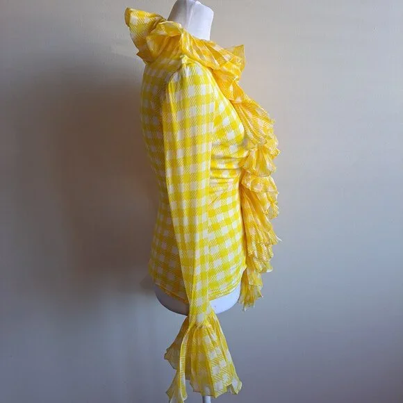 Roberto Cavalli Yellow Ruffle Sheer Silk Blouse Size 38 / XS - Picture 5 of 16